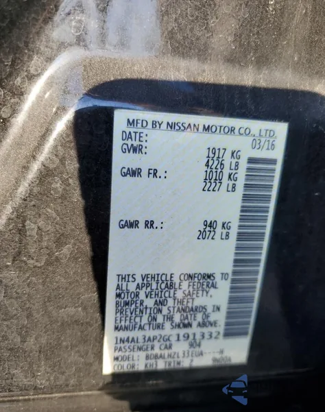 2016 Nissan Altima 2.5 z USA, uszkodzony, nr VIN 1N4AL3AP2GC191332